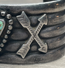 Fred Harvey Era Sterling 925 Turquoise Crossed Arrows Wide Ribbed Cuff 70g Heavy - Additional view 6