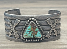 Fred Harvey Era Sterling 925 Turquoise Crossed Arrows Wide Ribbed Cuff 70g Heavy - Additional view 8
