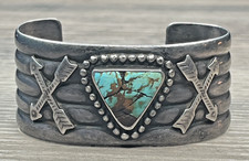 Fred Harvey Era Sterling 925 Turquoise Crossed Arrows Wide Ribbed Cuff 70g Heavy