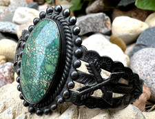 FRED HARVEY ERA vintage SPIDERWEB VARISCITE turquoise cuff bracelet sterling 6