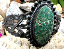 FRED HARVEY ERA vintage SPIDERWEB VARISCITE turquoise cuff bracelet sterling 6