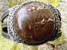 Vintage FRED HARVEY ERA jasper cuff bracelet hand stamping sterling 6.5