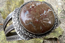 Vintage FRED HARVEY ERA jasper cuff bracelet hand stamping sterling 6.5
