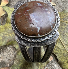 Vintage FRED HARVEY ERA jasper cuff bracelet hand stamping sterling 6.5