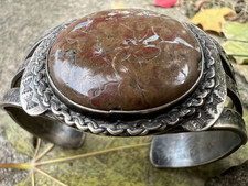 Vintage FRED HARVEY ERA jasper cuff bracelet hand stamping sterling 6.5"