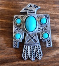 Navajo Fred Harvey Era Silver Thunderbird Brooch Pin With Faux Turquoise Stones!