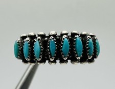 Vintage Fred Harvey Era Zuni Sterling Needlepoint Turquoise Ring Signed RUE 10.5