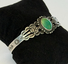 VINTAGE 30s FRED HARVEY THUNDERBIRD TURQUOISE STERLING SILVER BRACELET NAVAJO - Additional view 1