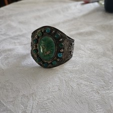 Vintage FRED HARVEY ERA Navajo BIG Turquoise THUNDERBIRD Sterling  Bracelet 7