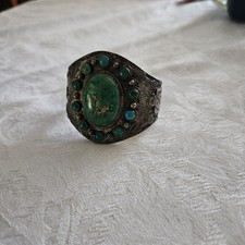 Vintage FRED HARVEY ERA Navajo BIG Turquoise THUNDERBIRD Sterling Bracelet 7"