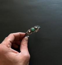 Fred Harvey Navajo Sterling Silver Repoussé Cuff Bracelet Old Green Turquoise