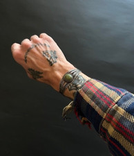 Fred Harvey Stamped Navajo Vintage Sterling Silver Green Turquoise Cuff Bracelet - Additional view 4