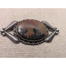 Fred Harvey Era Sterling Silver Petrified Wood/Picture Agate Brooch