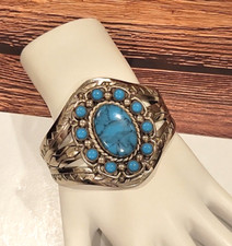 BELL TRADING POST Nickle Silver Faux Turquoise Cuff Bracelet Fred Harvey Era VTG
