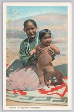 Proud Navajo Mother and Son, Colorful Outfit and Blanket, Fred Harvey Postcard