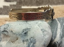 Fred Harvey- Turquoise-Stamped Silver Cuff Bracelet-Navajo-1940s-6.0