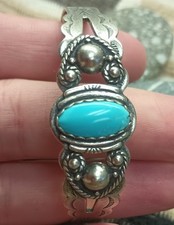 Fred Harvey- Turquoise-Stamped Silver Cuff Bracelet-Navajo-1940s-6.0
