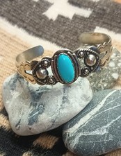 Fred Harvey- Turquoise-Stamped Silver Cuff Bracelet-Navajo-1940s-6.0"