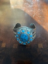 BELL TRADING POST Nickle Silver Faux Turquoise Cuff Bracelet Fred Harvey Era VTG - Additional view 5