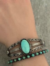 Vintage Fred Harvey Era Navajo Turquoise Scalloped Sterling Bracelet 6.75 in - Additional view 1