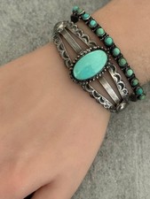 Vintage Fred Harvey Era Navajo Turquoise Scalloped Sterling Bracelet 6.75 in - Additional view 4
