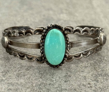 Vintage Fred Harvey Era Navajo Turquoise Scalloped Sterling Bracelet 6.75 in