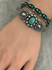 Vintage FRED HARVEY ERA NAVAJO Turquoise CONCHO Scalloped Sterling Bracelet 7 in - Additional view 4
