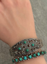 FRED HARVEY Navajo Thunderbird FLOWERS Snake Eye Turquoise Sterling Bracelet 7in - Additional view 1