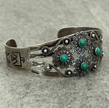 FRED HARVEY Navajo Thunderbird FLOWERS Snake Eye Turquoise Sterling Bracelet 7in - Additional view 2