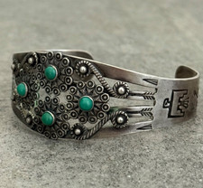 FRED HARVEY Navajo Thunderbird FLOWERS Snake Eye Turquoise Sterling Bracelet 7in - Additional view 3