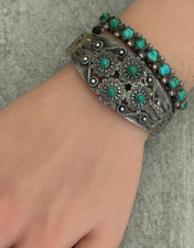 FRED HARVEY Navajo Thunderbird FLOWERS Snake Eye Turquoise Sterling Bracelet 7in - Additional view 4