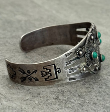 FRED HARVEY Navajo Thunderbird FLOWERS Snake Eye Turquoise Sterling Bracelet 7in - Additional view 5