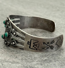 FRED HARVEY Navajo Thunderbird FLOWERS Snake Eye Turquoise Sterling Bracelet 7in - Additional view 6