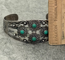 FRED HARVEY Navajo Thunderbird FLOWERS Snake Eye Turquoise Sterling Bracelet 7in - Additional view 10