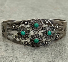 FRED HARVEY Navajo Thunderbird FLOWERS Snake Eye Turquoise Sterling Bracelet 7in
