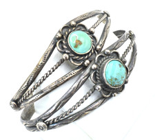2 Navajo Fred Harvey Era 30's Vintage Sterling Silver Turquoise Cuff Bracelet - Additional view 1