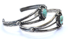 2 Navajo Fred Harvey Era 30's Vintage Sterling Silver Turquoise Cuff Bracelet - Additional view 2