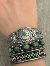 FRED HARVEY ERA 40's Navajo Turquoise TRIPLE CONCHO DOME Sterling Bracelet 7 in - Additional view 1