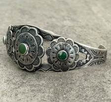 FRED HARVEY ERA 40's Navajo Turquoise TRIPLE CONCHO DOME Sterling Bracelet 7 in - Additional view 2