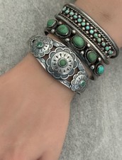 FRED HARVEY ERA 40's Navajo Turquoise TRIPLE CONCHO DOME Sterling Bracelet 7 in - Additional view 4