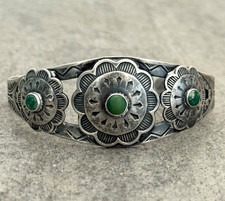 FRED HARVEY ERA 40's Navajo Turquoise TRIPLE CONCHO DOME Sterling Bracelet 7 in