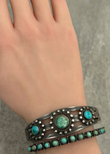 Vintage Fred Harvey Era Navajo Turquoise Dome STAMPED Sterling Bracelet 7 in - Additional view 1