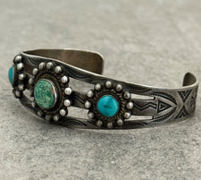 Vintage Fred Harvey Era Navajo Turquoise Dome STAMPED Sterling Bracelet 7 in - Additional view 2