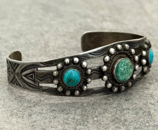 Vintage Fred Harvey Era Navajo Turquoise Dome STAMPED Sterling Bracelet 7 in - Additional view 3