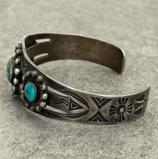 Vintage Fred Harvey Era Navajo Turquoise Dome STAMPED Sterling Bracelet 7 in - Additional view 5