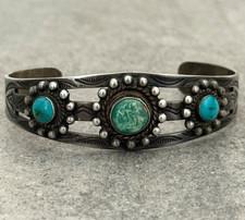 Vintage Fred Harvey Era Navajo Turquoise Dome STAMPED Sterling Bracelet 7 in