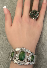 VTG FRED HARVEY ERA Navajo 3 Turquoise Thunderbird Sterling  Bracelet 42+g 7 in - Additional view 13