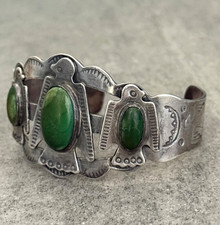VTG FRED HARVEY ERA Navajo 3 Turquoise Thunderbird Sterling  Bracelet 42+g 7 in - Additional view 3