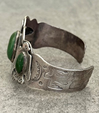 VTG FRED HARVEY ERA Navajo 3 Turquoise Thunderbird Sterling  Bracelet 42+g 7 in - Additional view 5