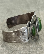 VTG FRED HARVEY ERA Navajo 3 Turquoise Thunderbird Sterling  Bracelet 42+g 7 in - Additional view 6